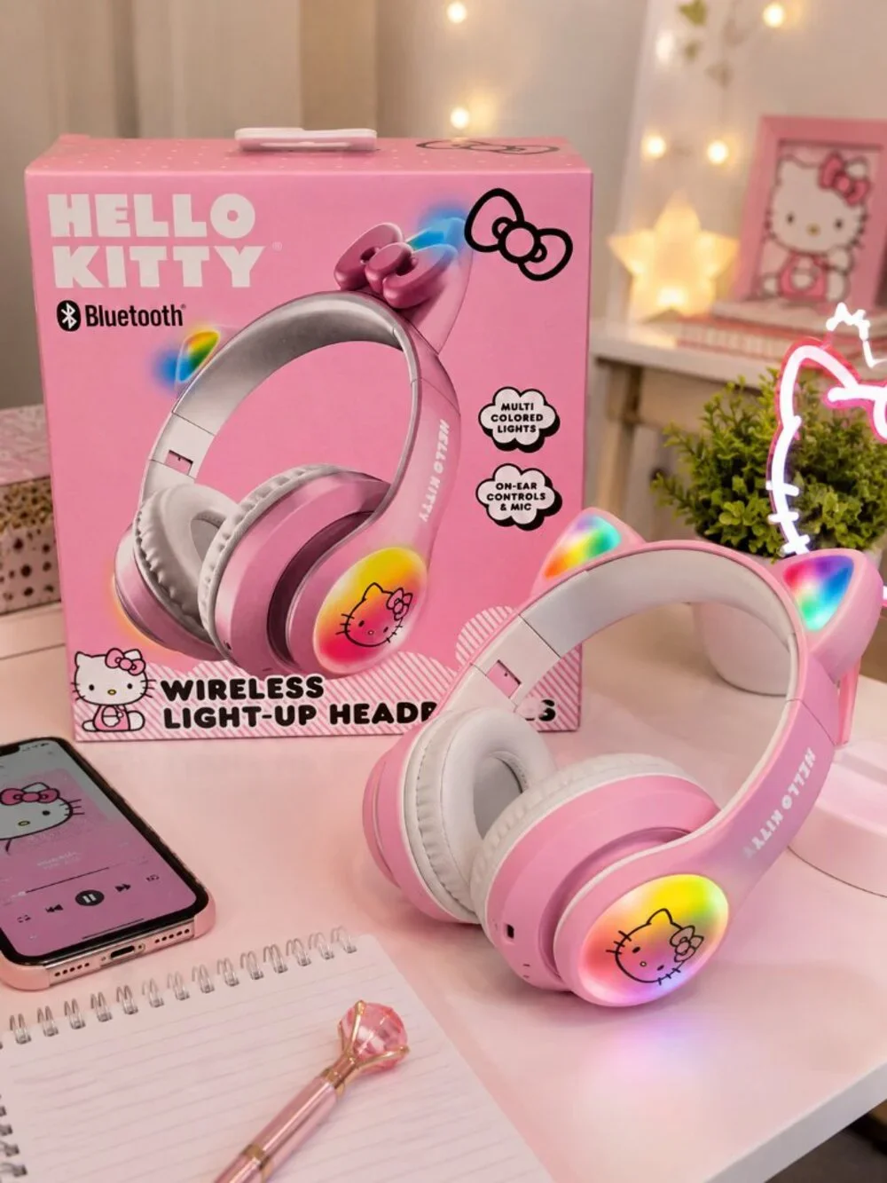 Hello Kitty Bluetooth Wireless Light-Up Headphones Pink LED Cat Ear Headset - Picture 5 of 10